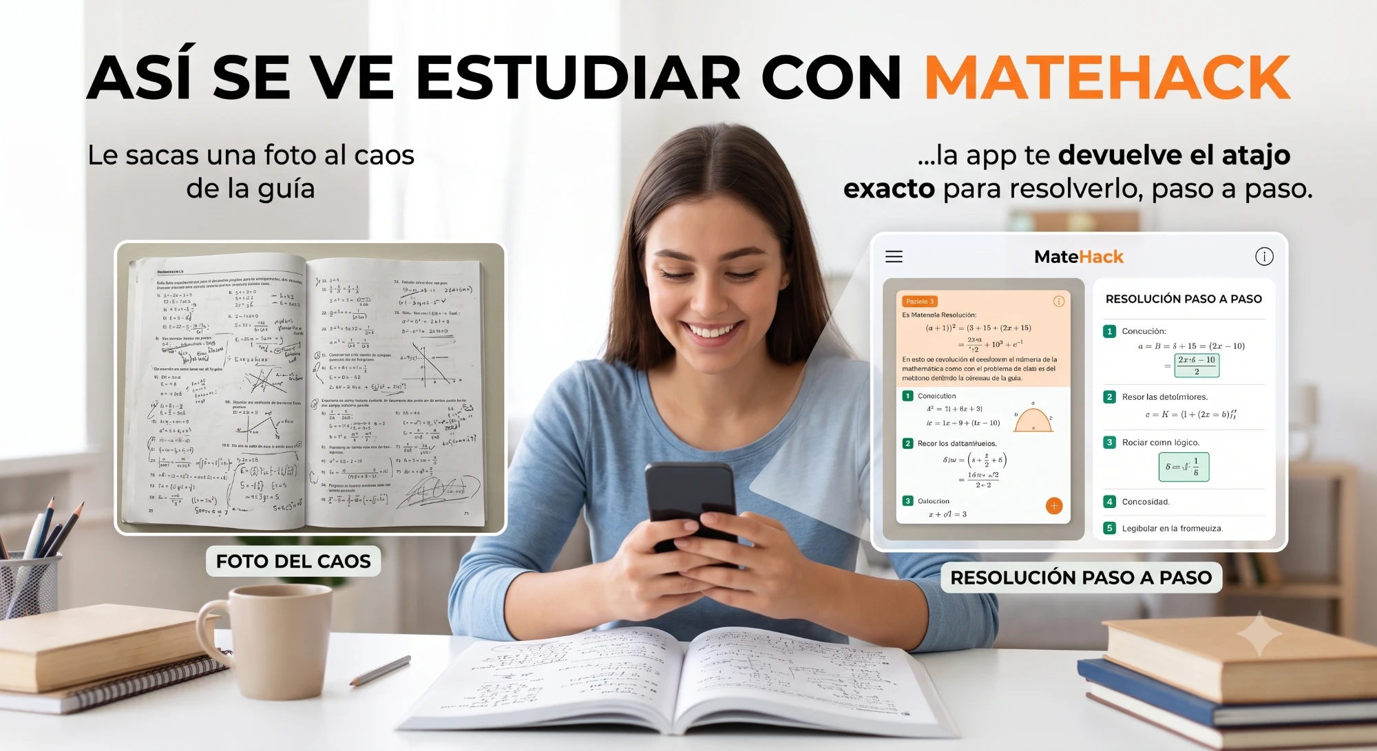 Así se ve estudiar con MateHack: le sacas una foto al caos de la guía y la app te devuelve el atajo exacto para resolverlo, paso a paso.
